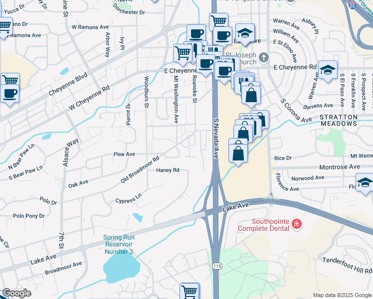 map of restaurants, bars, coffee shops, grocery stores, and more near 2110 Farnon Court in Colorado Springs