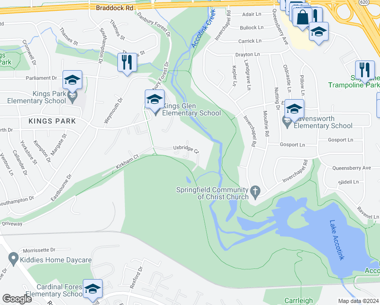 map of restaurants, bars, coffee shops, grocery stores, and more near 5503 Miles Court in Springfield