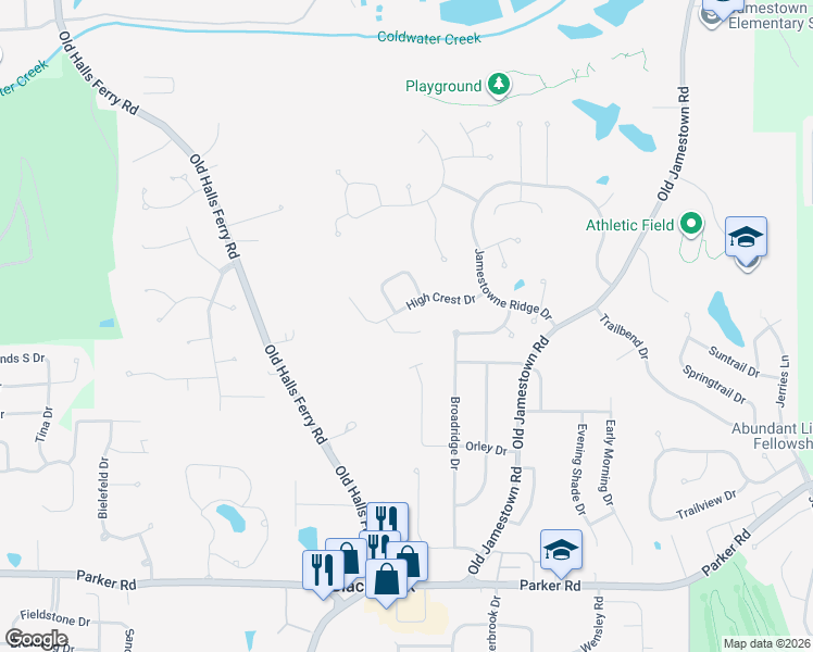 map of restaurants, bars, coffee shops, grocery stores, and more near 12884 High Crest Drive in Florissant