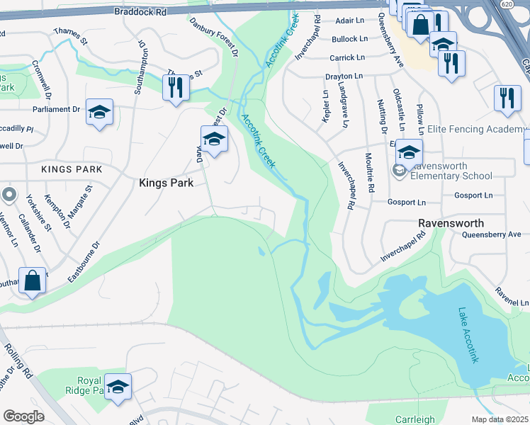 map of restaurants, bars, coffee shops, grocery stores, and more near 5503 Miles Court in Springfield