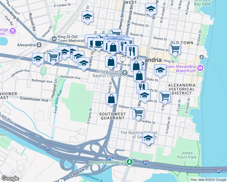 map of restaurants, bars, coffee shops, grocery stores, and more near 451 Old Town Court in Alexandria