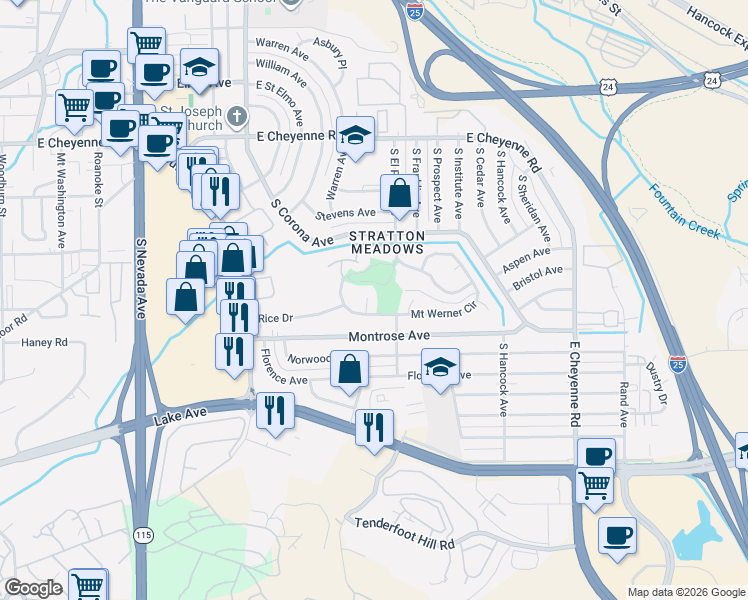 map of restaurants, bars, coffee shops, grocery stores, and more near 2120 Mount Werner Court in Colorado Springs
