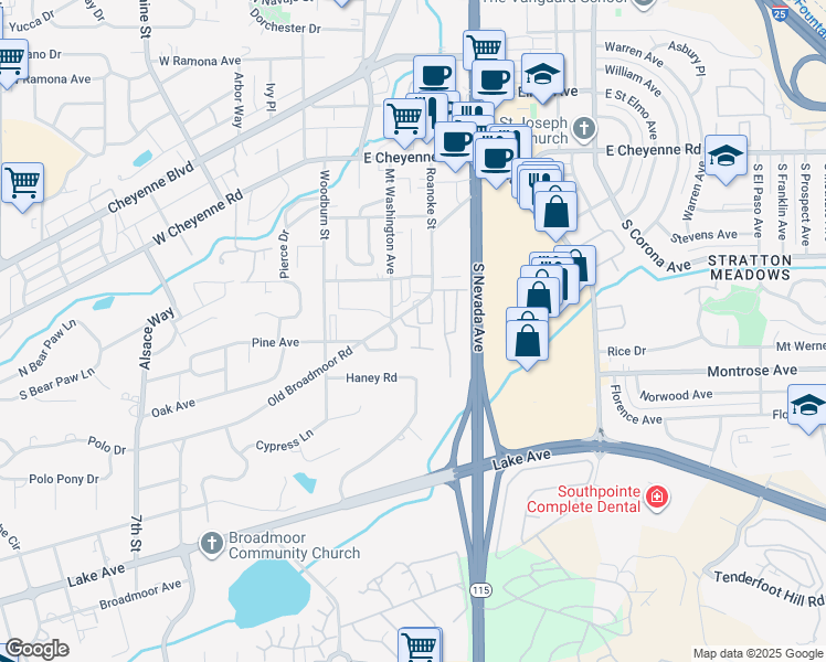 map of restaurants, bars, coffee shops, grocery stores, and more near 43 Old Broadmoor Road in Colorado Springs