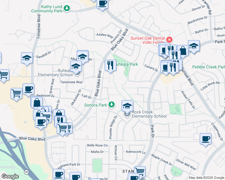 map of restaurants, bars, coffee shops, grocery stores, and more near 6409 Guidon Court in Rocklin