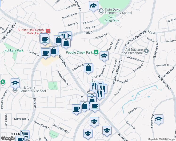 map of restaurants, bars, coffee shops, grocery stores, and more near 5855 Pebble Creek Drive in Rocklin