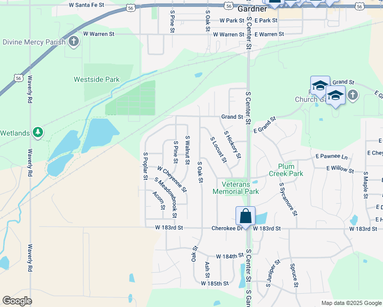 map of restaurants, bars, coffee shops, grocery stores, and more near 595 South Walnut Street in Gardner