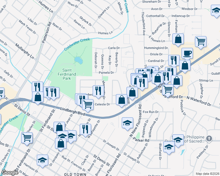 map of restaurants, bars, coffee shops, grocery stores, and more near 33 Marquette Drive in Florissant