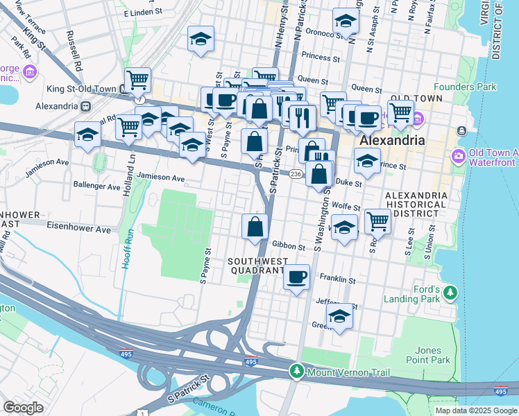 map of restaurants, bars, coffee shops, grocery stores, and more near 451 Old Town Court in Alexandria