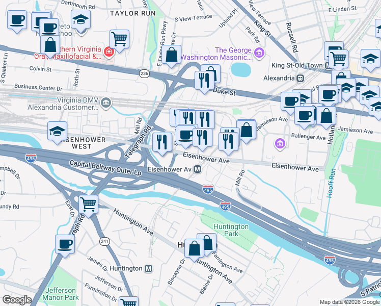 map of restaurants, bars, coffee shops, grocery stores, and more near in Alexandria