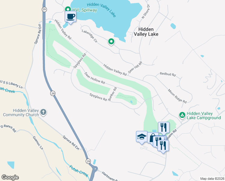 map of restaurants, bars, coffee shops, grocery stores, and more near 18627 Deer Hollow Road in Hidden Valley Lake