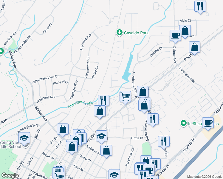 map of restaurants, bars, coffee shops, grocery stores, and more near 3702 Independence Place in Rocklin