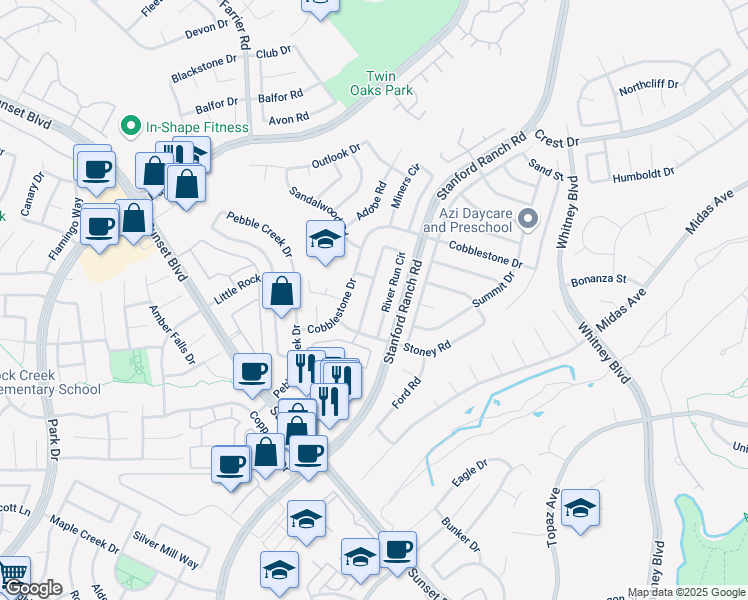 map of restaurants, bars, coffee shops, grocery stores, and more near 5775 River Run Circle in Rocklin