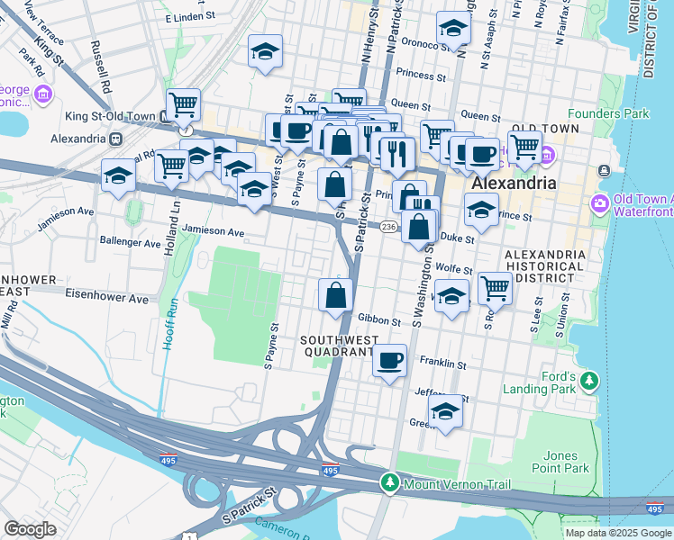 map of restaurants, bars, coffee shops, grocery stores, and more near 433 Old Town Court in Alexandria