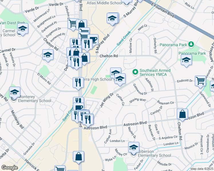 map of restaurants, bars, coffee shops, grocery stores, and more near 2250 Jet Wing Drive in Colorado Springs