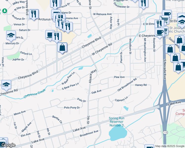map of restaurants, bars, coffee shops, grocery stores, and more near 115 Alsace Way in Colorado Springs