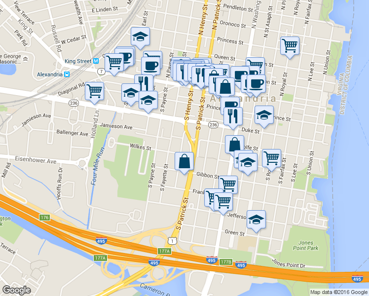 map of restaurants, bars, coffee shops, grocery stores, and more near 433 Old Town Court in Alexandria