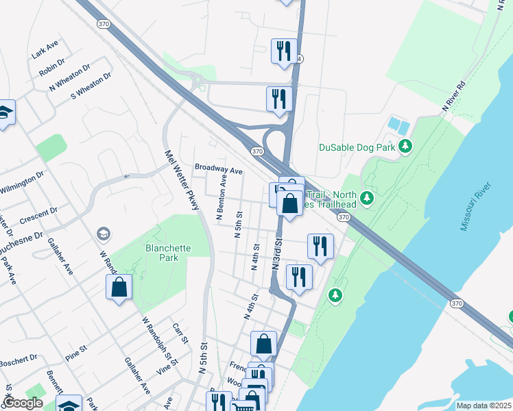 map of restaurants, bars, coffee shops, grocery stores, and more near 400 Barthel Avenue in Saint Charles