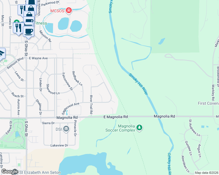 map of restaurants, bars, coffee shops, grocery stores, and more near 2257 Saddlebrook Drive in Salina