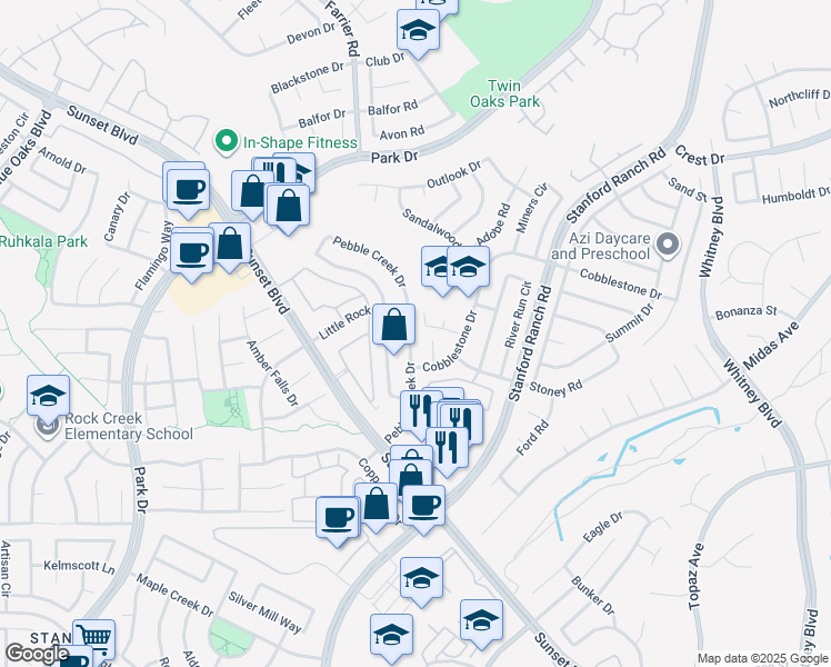 map of restaurants, bars, coffee shops, grocery stores, and more near 5907 Pebble Creek Drive in Rocklin