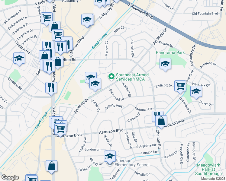 map of restaurants, bars, coffee shops, grocery stores, and more near 4206 Gatewood Drive in Colorado Springs