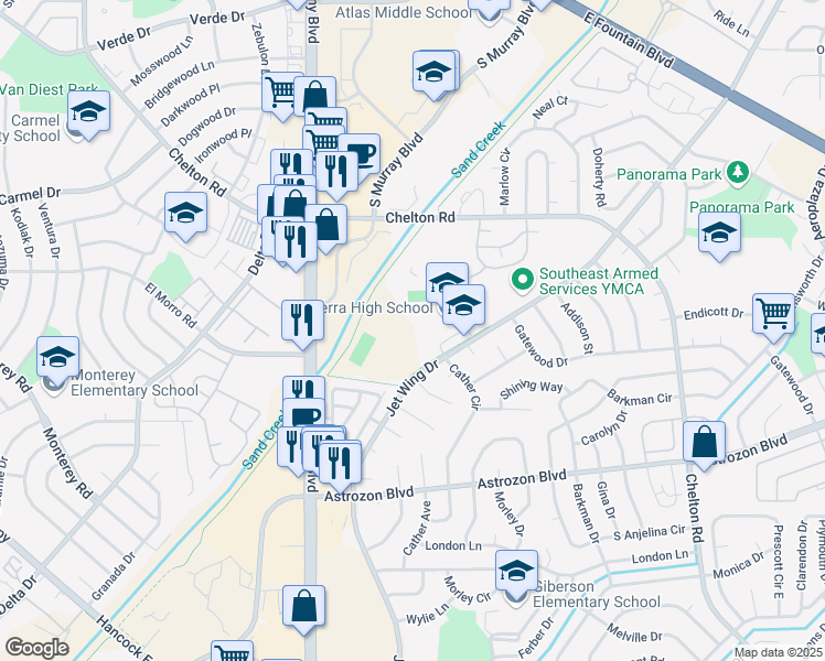 map of restaurants, bars, coffee shops, grocery stores, and more near 2250 Jet Wing Drive in Colorado Springs
