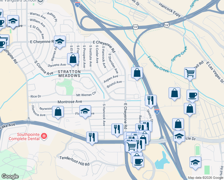 map of restaurants, bars, coffee shops, grocery stores, and more near 1213 Bristol Avenue in Colorado Springs
