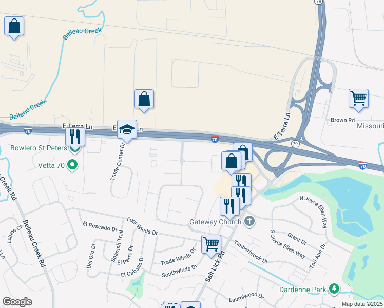 map of restaurants, bars, coffee shops, grocery stores, and more near 800 Aventura Way in St. Peters