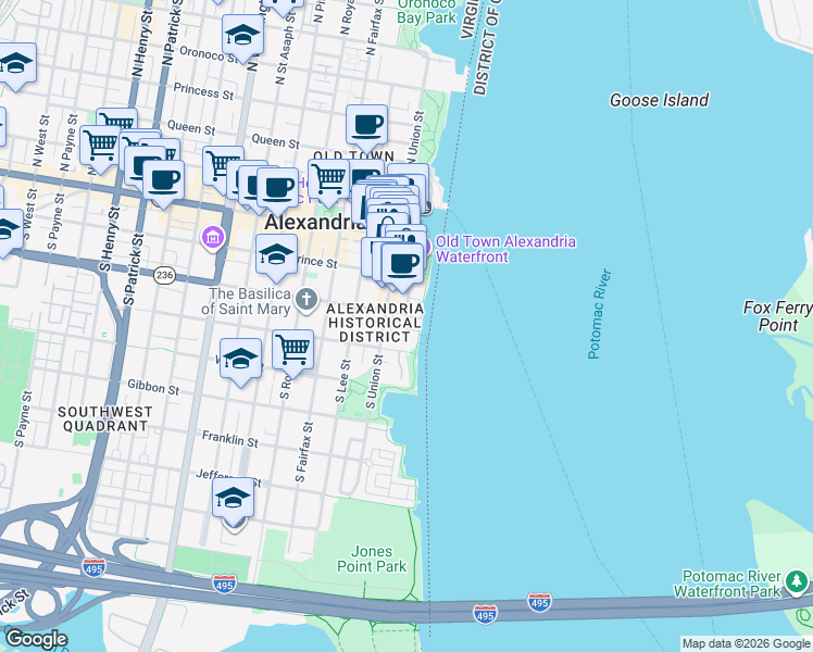 map of restaurants, bars, coffee shops, grocery stores, and more near 7 Pioneer Mill Way in Alexandria