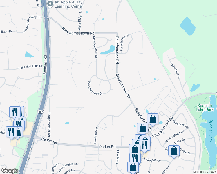map of restaurants, bars, coffee shops, grocery stores, and more near 12545 Clock Tower Drive in Saint Louis