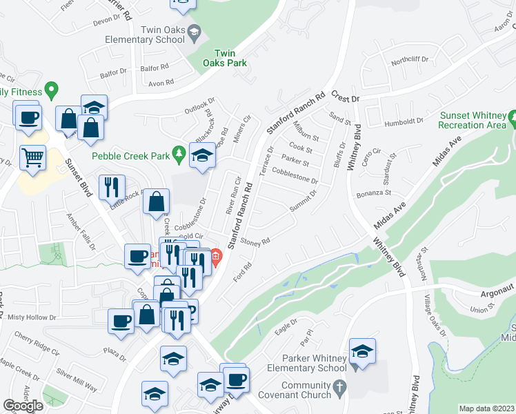 map of restaurants, bars, coffee shops, grocery stores, and more near 5745 Terrace Drive in Rocklin