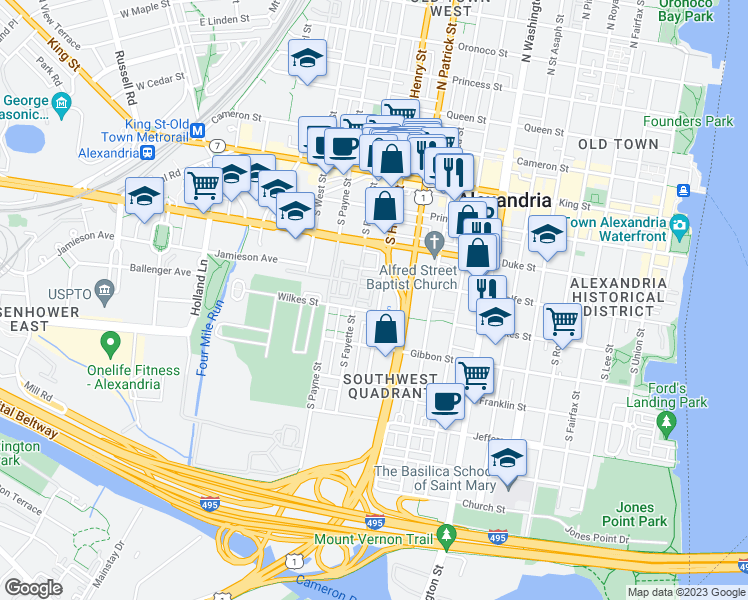 map of restaurants, bars, coffee shops, grocery stores, and more near 407 South Henry Street in Alexandria