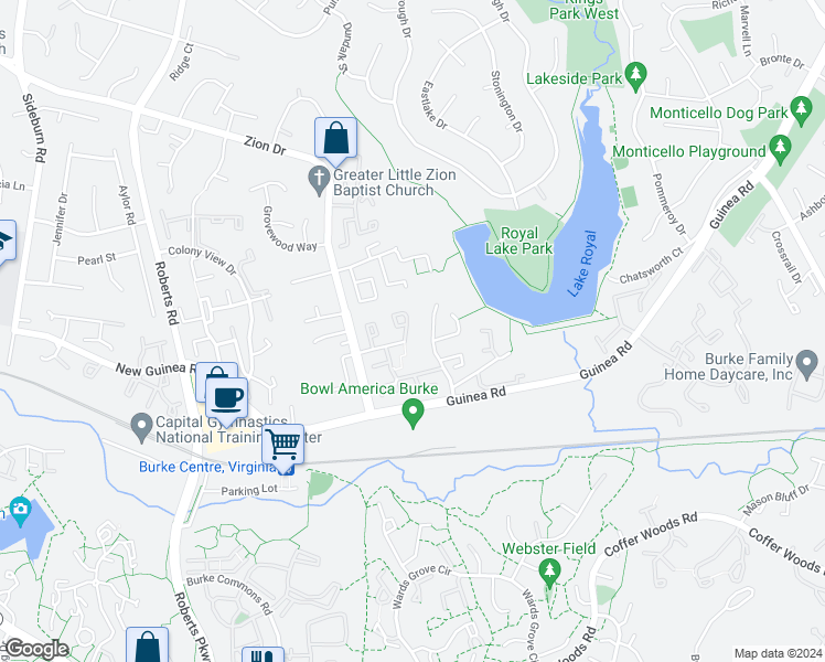 map of restaurants, bars, coffee shops, grocery stores, and more near 5526 Ridgeton Hill Court in Fairfax