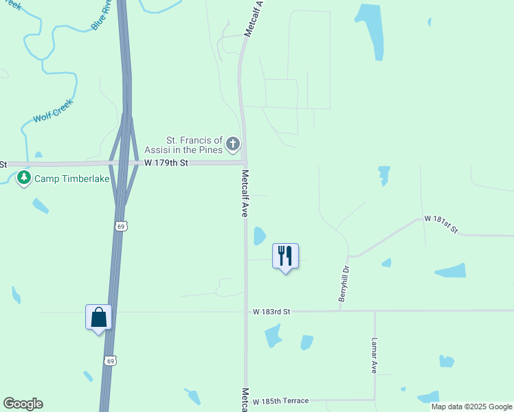 map of restaurants, bars, coffee shops, grocery stores, and more near 18001 Metcalf Avenue in Stilwell