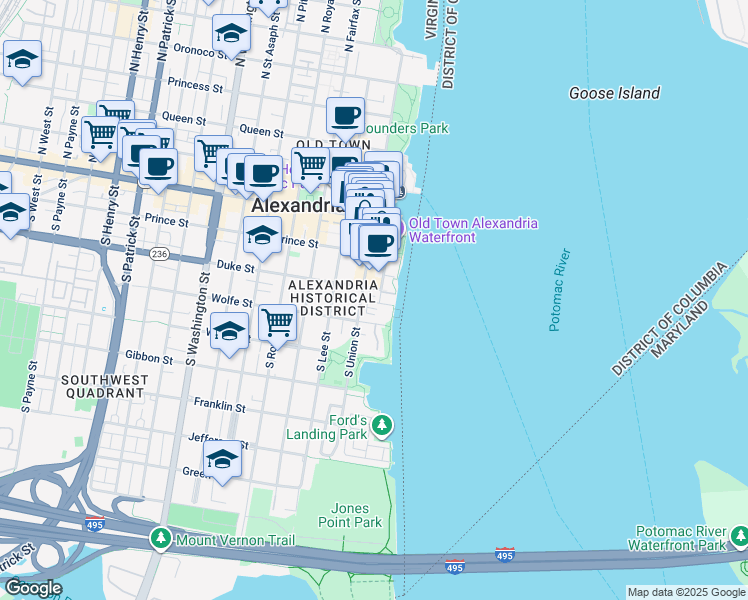 map of restaurants, bars, coffee shops, grocery stores, and more near 15 Pioneer Mill Way in Alexandria