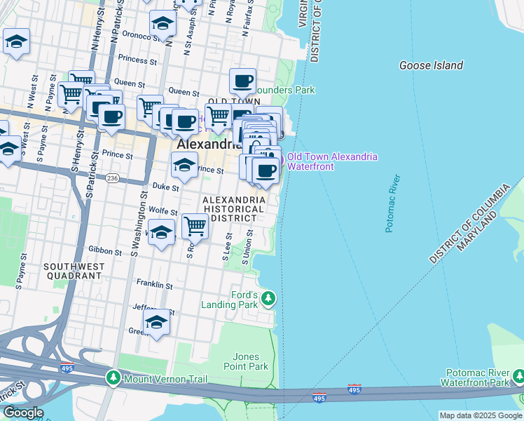 map of restaurants, bars, coffee shops, grocery stores, and more near 15 Pioneer Mill Way in Alexandria