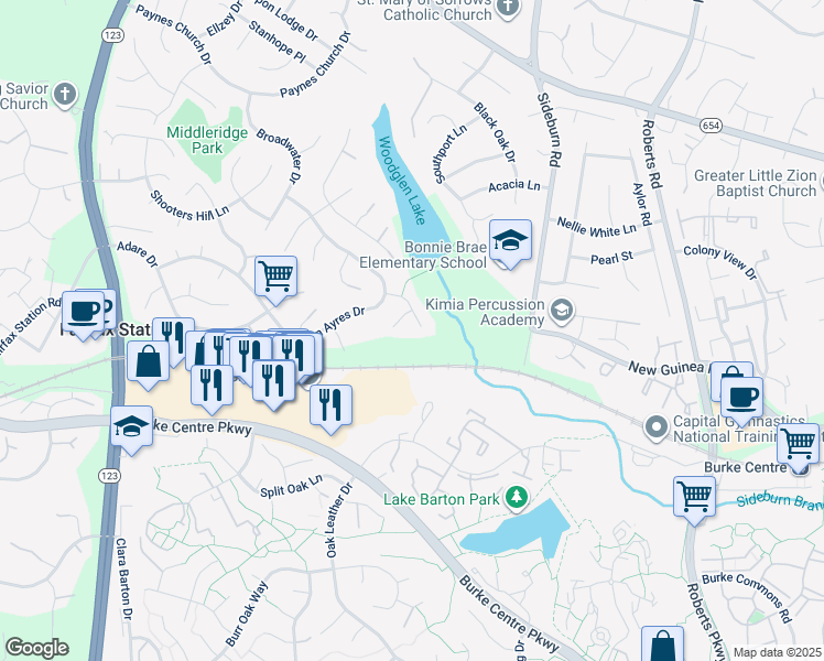 map of restaurants, bars, coffee shops, grocery stores, and more near 10603 Goldeneye Lane in Fairfax