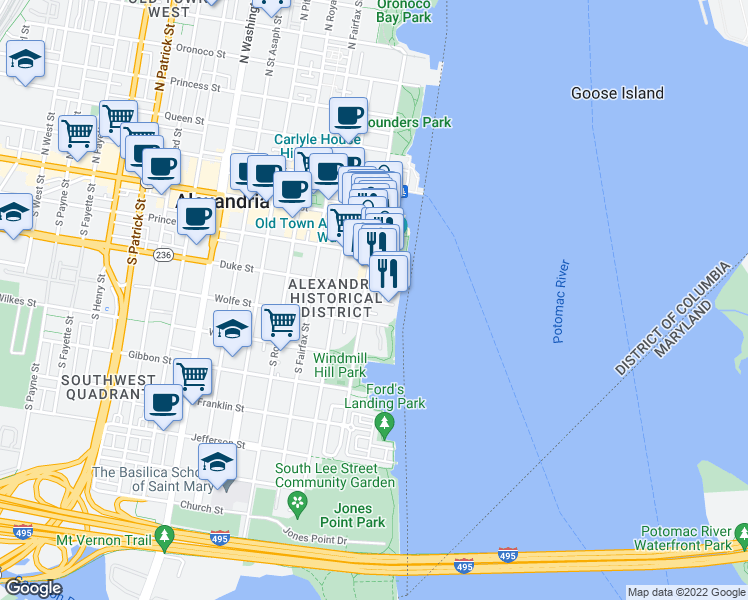 map of restaurants, bars, coffee shops, grocery stores, and more near 19 Pioneer Mill Way in Alexandria