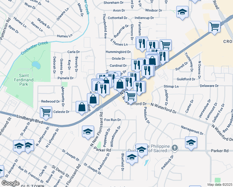 map of restaurants, bars, coffee shops, grocery stores, and more near 2105 North Highway 67 in Florissant