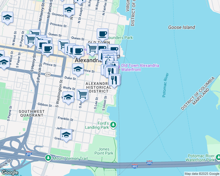 map of restaurants, bars, coffee shops, grocery stores, and more near 19 Pioneer Mill Way in Alexandria