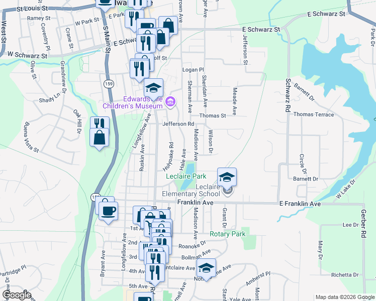 map of restaurants, bars, coffee shops, grocery stores, and more near 852 Hale Avenue in Edwardsville