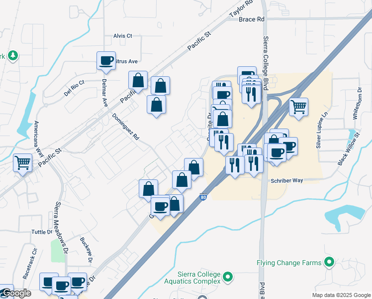 map of restaurants, bars, coffee shops, grocery stores, and more near 4827 Holden Drive in Rocklin