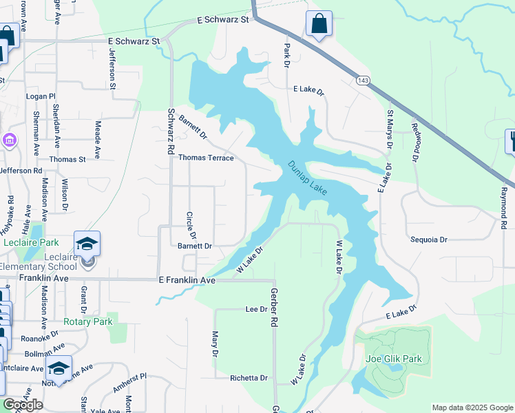 map of restaurants, bars, coffee shops, grocery stores, and more near 332 Barnett Drive in Edwardsville