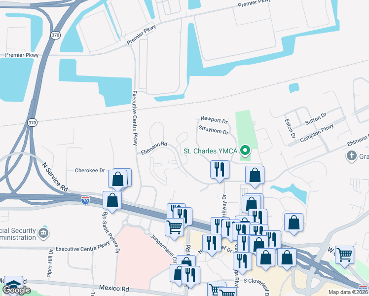 map of restaurants, bars, coffee shops, grocery stores, and more near 460 Benton Drive in Saint Peters