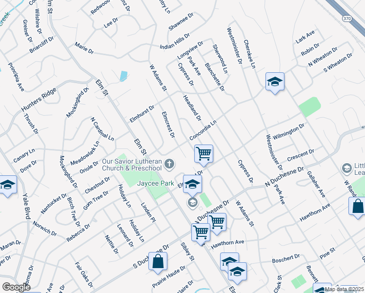 map of restaurants, bars, coffee shops, grocery stores, and more near 505 Concordia Lane in Saint Charles