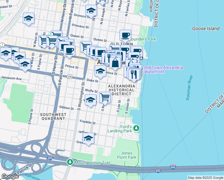 map of restaurants, bars, coffee shops, grocery stores, and more near 321 South Fairfax Street in Alexandria