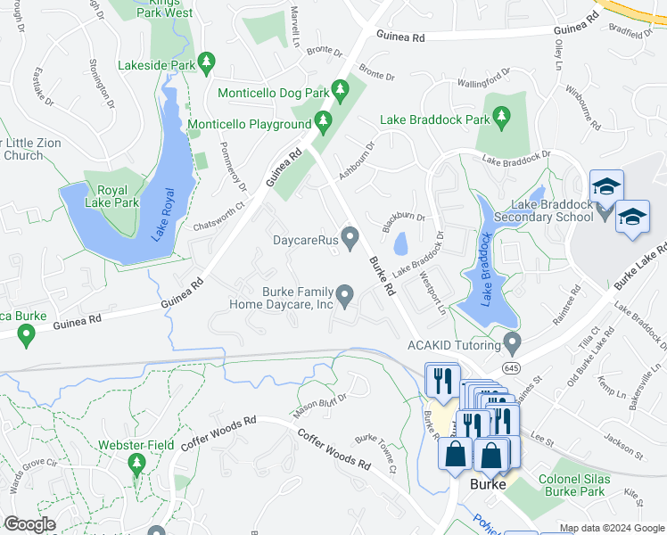 map of restaurants, bars, coffee shops, grocery stores, and more near 5573 Peppercorn Drive in Burke