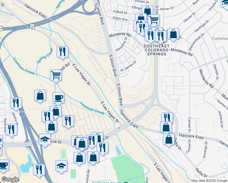 map of restaurants, bars, coffee shops, grocery stores, and more near 2030 Birmingham Loop in Colorado Springs