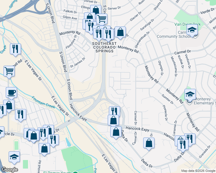 map of restaurants, bars, coffee shops, grocery stores, and more near 2132 Babbling Stream Heights in Colorado Springs