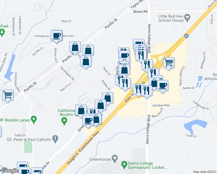 map of restaurants, bars, coffee shops, grocery stores, and more near 4310 Reecer Drive in Rocklin