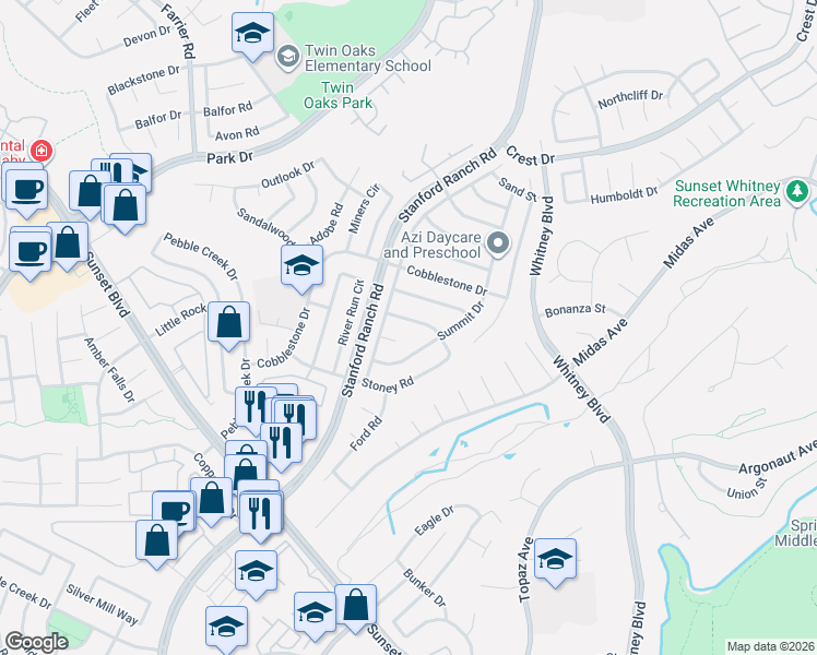 map of restaurants, bars, coffee shops, grocery stores, and more near 5729 Terrace Drive in Rocklin